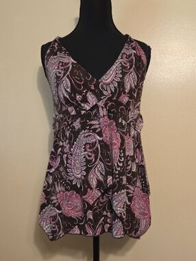 Y2K Vintage J.T.B Women's Brown & Pink Paisley Flowy Babydoll Tank Top Medium